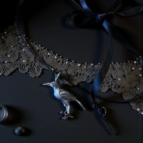 Raven Pendant Satin Ribbon Choker Necklace Enchanting Whimsical Gothic - Picture 4 of 17